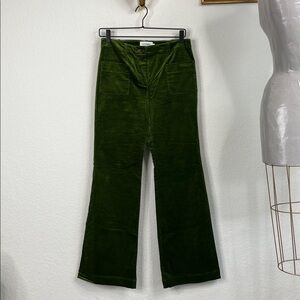 Victoire Paris Green Velvet Patch Pocket Flat Front High Rise Wide Leg Pants